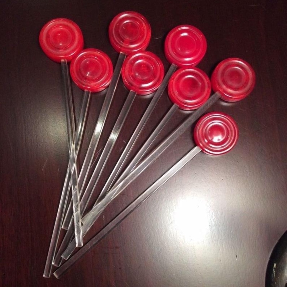 8 VINTAGE drink stirrers  BAKELITE LOLLIPOP TWIZZLE STICK CHERRY RED - NOS